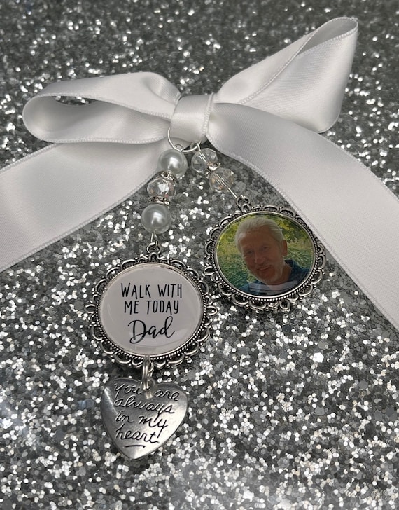 Memory memorial heaven charm bridal bouquet, walk with me today dad mum poem & photo pearl beads something blue.Swarovski.bride.wedding