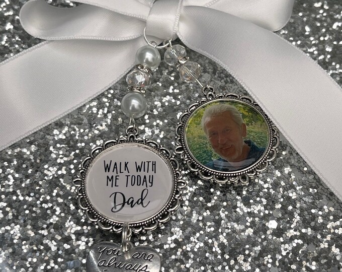 Memory memorial heaven charm bridal bouquet, walk with me today dad mum poem & photo pearl beads something blue.Swarovski.bride.wedding