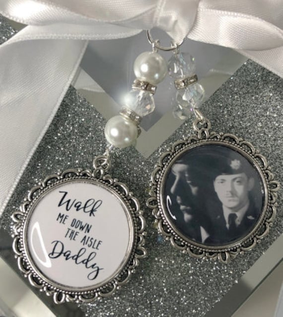 Wedding Bouquet Memorial Photo Charm, Swarovski Crystal, Ribbon