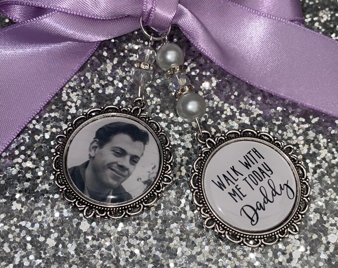 Memory memorial heaven charm bridal bouquet, walk with me today dad mum poem & photo pearl beads something blue.Swarovski.bride.wedding