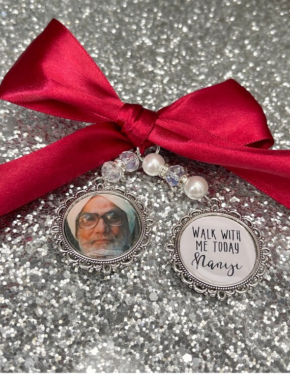 Memory memorial heaven charm bridal bouquet, walk with me today dad mum poem & photo pearl beads something blue.Swarovski.bride.wedding