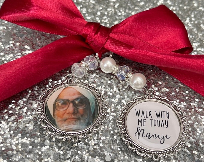 Memory memorial heaven charm bridal bouquet, walk with me today dad mum poem & photo pearl beads something blue.Swarovski.bride.wedding
