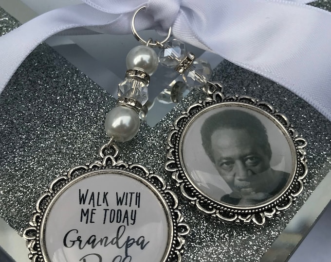 Memory wedding photo charm memorial heaven  bridal bouquet, walk with me today grandad nan poem & photo pearl beads something blue. military