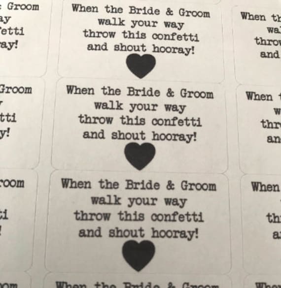 65 x Mini Grey Wedding Favour Labels Stickers. When the bride & groom walk your way throw this confetti and shout hooray! 1 pack contains 65
