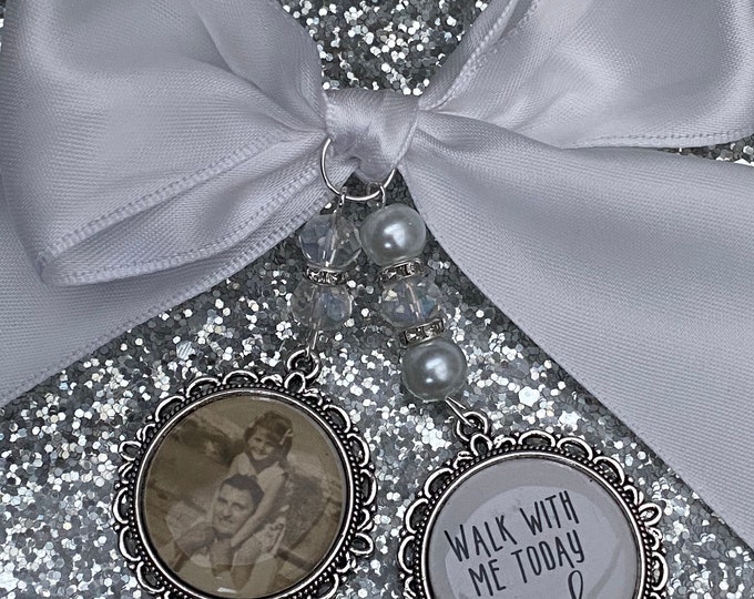 Memory memorial heaven charm bridal bouquet, walk with me today dad mum poem & photo pearl beads something blue.Swarovski.bride.wedding