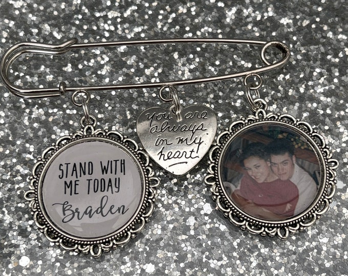 Memorial Memory remembrance photo kilt pin bouquet charm.groom best man usher personalised.loved one.wedding keepsake  stand with me brother