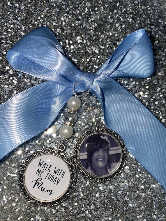 Memory Memorial Heaven Charm/Bridal Bouquet/Walk With Me Today/Dad/Mum/Mom/Mommy/Poem & Photo/Pearl beads/Something Blue/Bride/Wedding