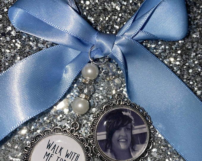 Memory Memorial Heaven Charm/Bridal Bouquet/Walk With Me Today/Dad/Mum/Mom/Mommy/Poem & Photo/Pearl beads/Something Blue/Bride/Wedding