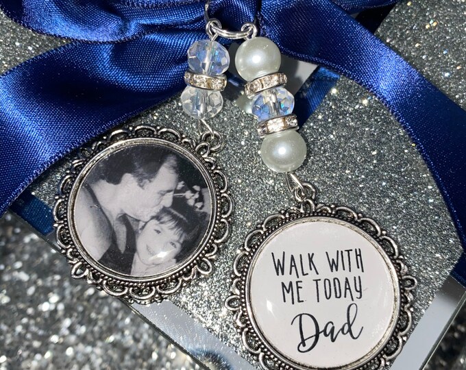 Memory memorial heaven charm bridal bouquet, walk with me today dad mum poem & photo pearl beads something blue.Swarovski.bride.wedding