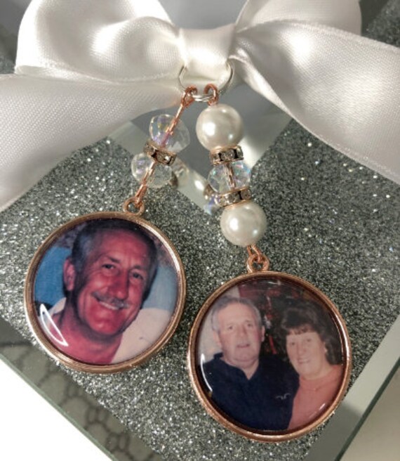 Rose Gold Bridal Bouquet Photo Charm, Remembrance Keepsake with Ribbon