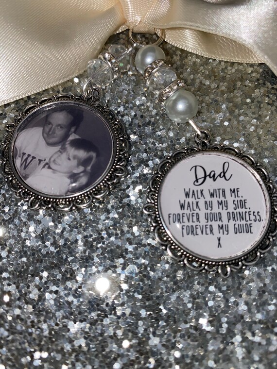 Memory memorial heaven charm bridal bouquet, walk with me today dad mum poem & photo pearl beads something blue. military army.bride.wedding