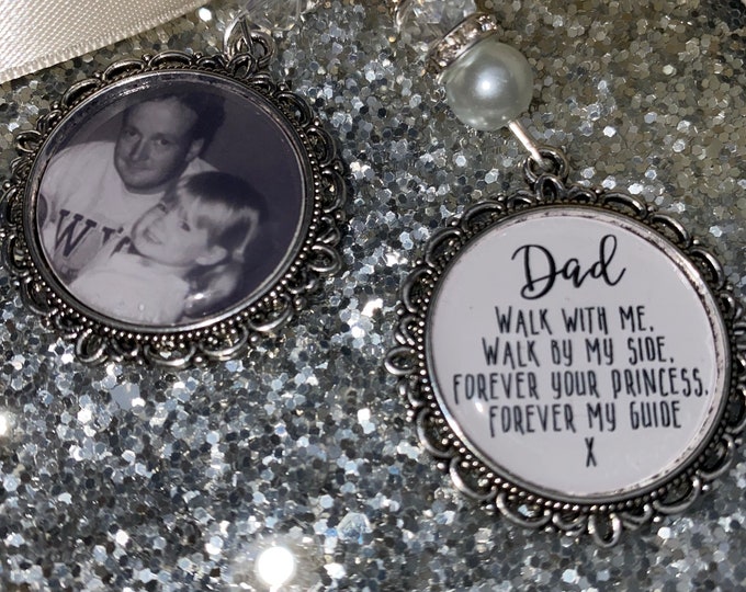 Memory memorial heaven charm bridal bouquet, walk with me today dad mum poem & photo pearl beads something blue. military army.bride.wedding