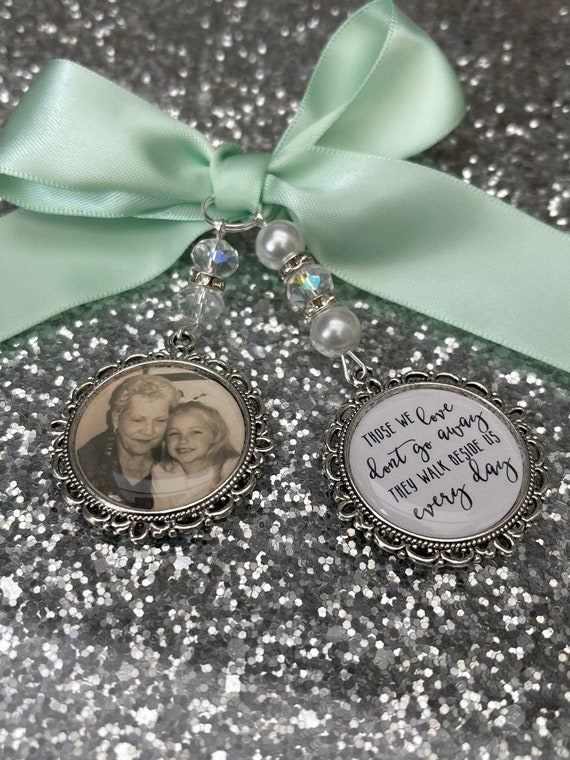 Those we love dont go away they walk beside us every day. loving memory charm locket brooch.Personalised with any photo.bride, wedding.