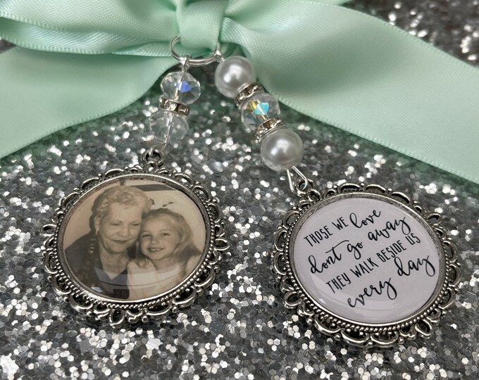 Those we love dont go away they walk beside us every day. loving memory charm locket brooch.Personalised with any photo.bride, wedding.