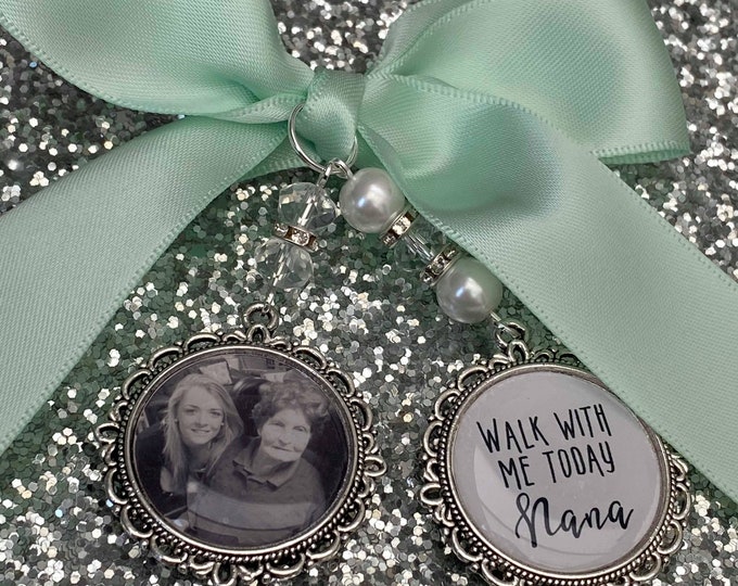 Memory memorial heaven charm bridal bouquet, walk with me today nana nan grandma nanny poem & photo pearl beads something blue.bride.wedding
