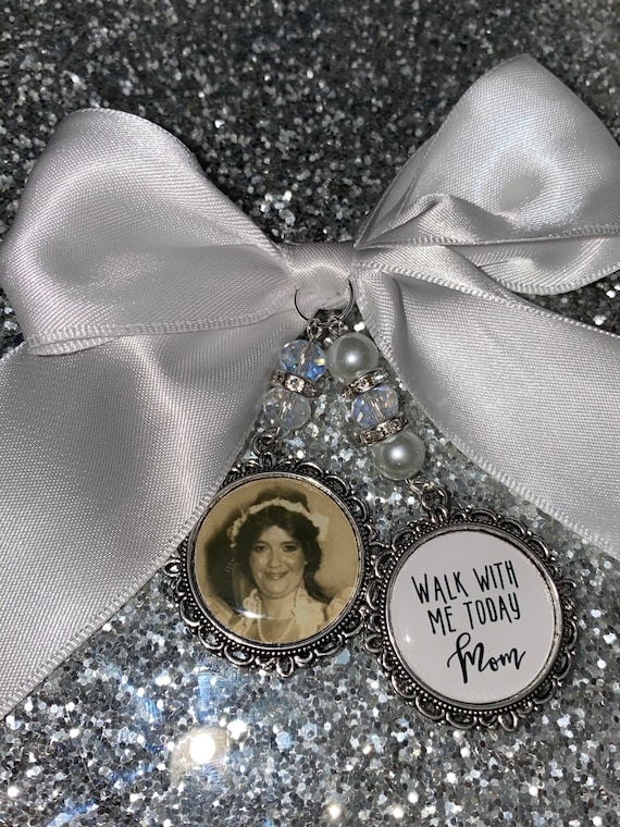 Memory wedding photo charm memorial heaven  bridal bouquet, walk with me today grandad nan poem & photo pearl beads something blue. military