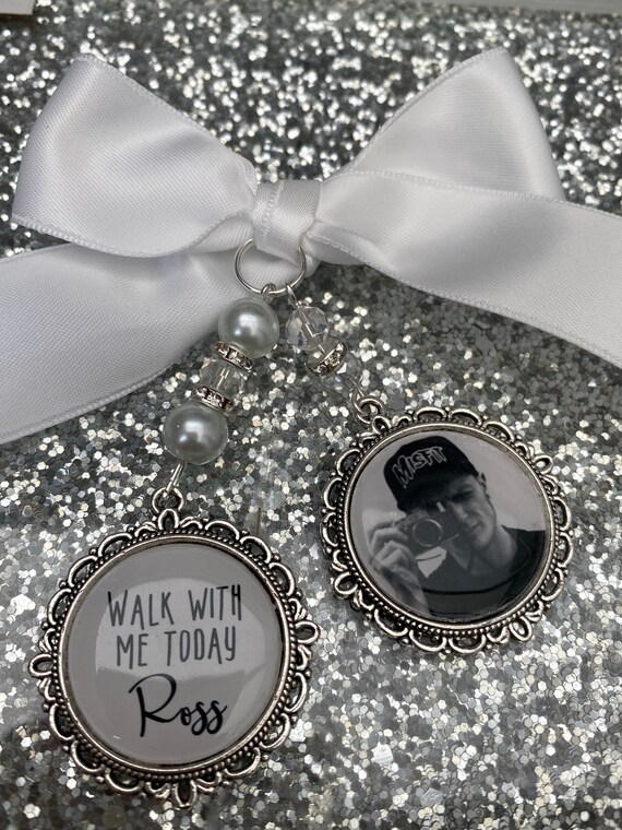 Memory memorial heaven charm bridal bouquet, walk with me today dad mum poem & photo pearl beads something blue.Swarovski.bride.wedding