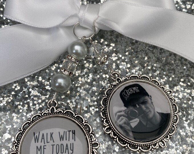 Memory memorial heaven charm bridal bouquet, walk with me today dad mum poem & photo pearl beads something blue.Swarovski.bride.wedding