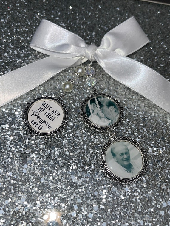 Memory memorial heaven charm bridal bouquet, walk with me today dad mum poem & photo pearl beads something blue.Swarovski.bride.wedding