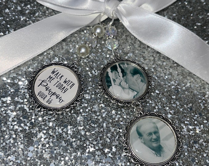 Memory memorial heaven charm bridal bouquet, walk with me today dad mum poem & photo pearl beads something blue.Swarovski.bride.wedding