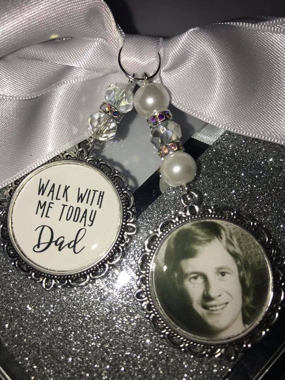Memory memorial heaven charm bridal bouquet, walk with me today dad mum poem & photo pearl beads something blue. military army.bride.wedding