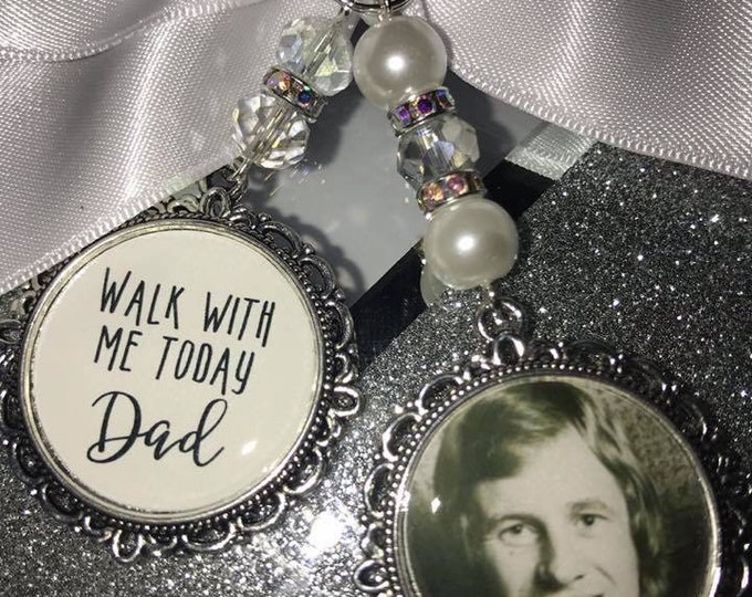 Memory memorial heaven charm bridal bouquet, walk with me today dad mum poem & photo pearl beads something blue. military army.bride.wedding