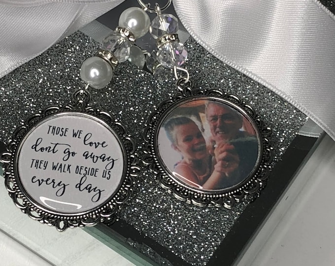 Those we love dont go away they walk beside us every day. loving memory charm locket brooch.Personalised with any photo.bride, wedding.