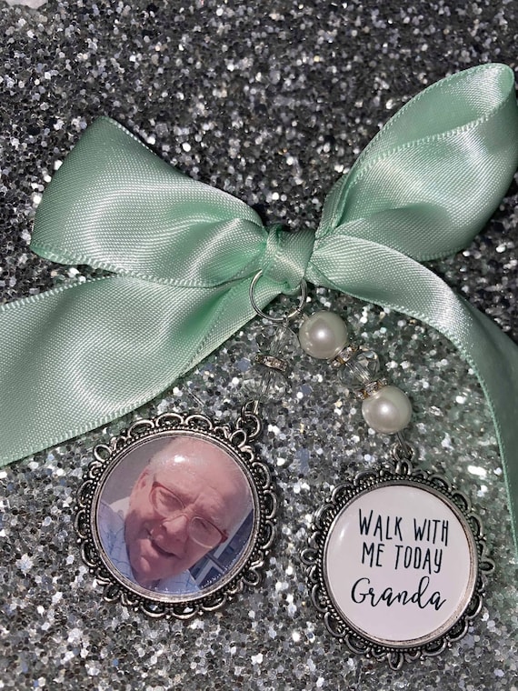 Memory memorial heaven charm bridal bouquet, walk with me today grandad grandpa papa poem & photo pearl beads something blue.bride.wedding