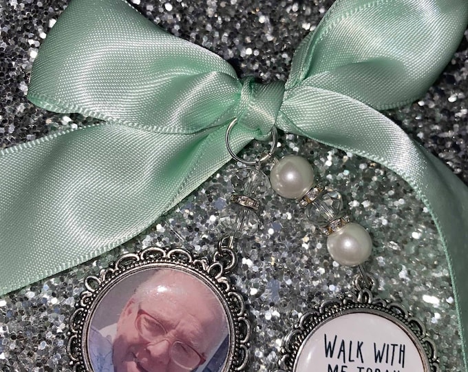 Memory memorial heaven charm bridal bouquet, walk with me today grandad grandpa papa poem & photo pearl beads something blue.bride.wedding