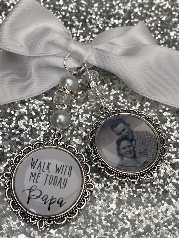 Memory memorial heaven charm bridal bouquet, walk with me today dad mum poem & photo pearl beads something blue.Swarovski.bride.wedding