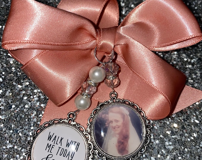 Memory memorial heaven charm bridal bouquet, walk with me today dad mum mom papa poem & photo pearl beads something blue.Swarovski.bride.