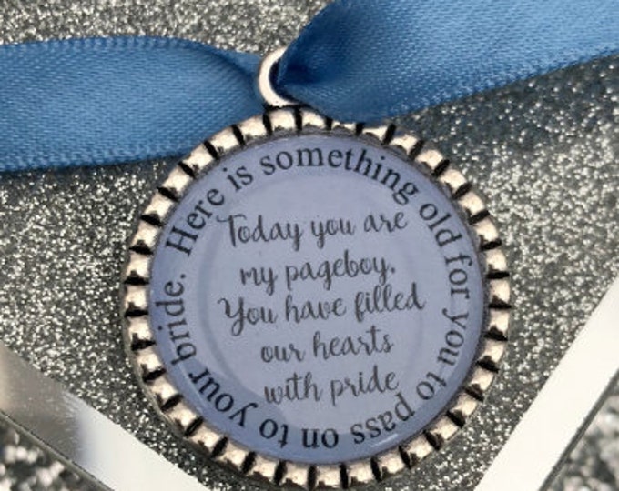 Page boy keepsake something old for his bride to be something blue beautiful keep sake blue ribbon charm pendant