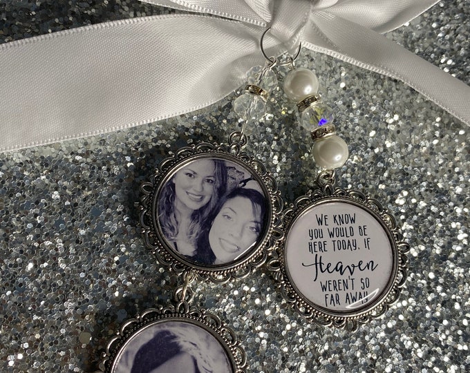 Memory memorial remembrance heaven charm bridal bouquet heaven so far away,poem & photo pearl beads something blue. military army,keepsake