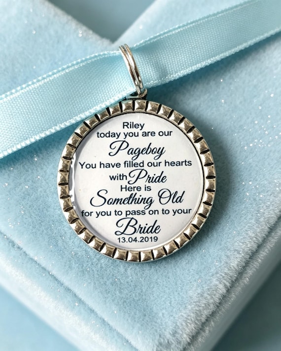 Page boy keepsake something old for his bride to be something blue beautiful keep sake blue ribbon pendant wedding charm usher groomsman