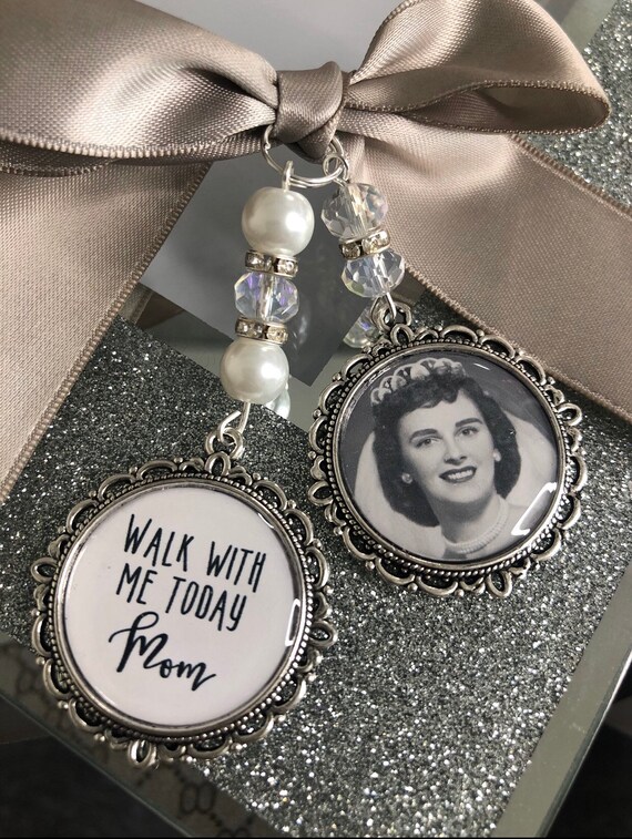 Memory memorial heaven charm bridal bouquet, walk with me mom dad mum poem & photo pearl beads something blue. military army.bride.wedding