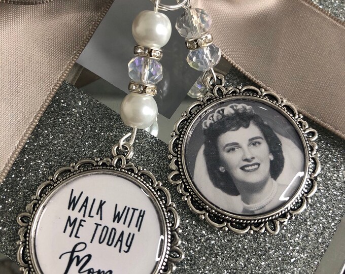 Memory memorial heaven charm bridal bouquet, walk with me mom dad mum poem & photo pearl beads something blue. military army.bride.wedding