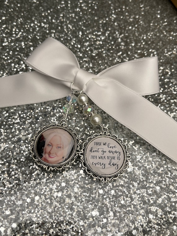 Those we love dont go away they walk beside us every day. loving memory charm locket brooch.Personalised with any photo.bride, wedding.