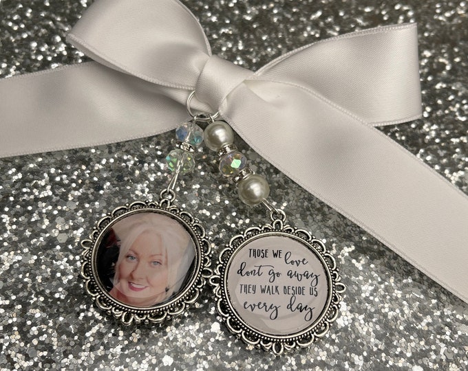 Those we love dont go away they walk beside us every day. loving memory charm locket brooch.Personalised with any photo.bride, wedding.