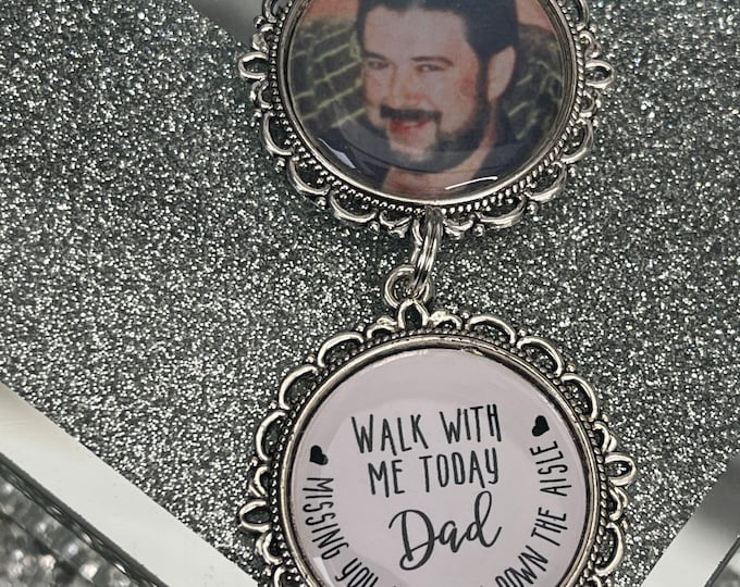 Walk with me today dad loving memory charm locket brooch.Personalised with any photo.Ideal for wedding,bride.memorial keepsake,Swarovski,