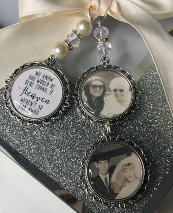 Memory memorial heaven charm bridal bouquet heaven so far away, poem & any photo pearl beads something old. blue.military army.wedding.bride