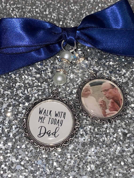 Memory memorial heaven charm bridal bouquet, walk with me today papa daddy dad grandad poem & photo pearl beads something blue
