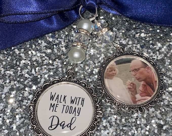 Memory memorial heaven charm bridal bouquet, walk with me today papa daddy dad grandad poem & photo pearl beads something blue