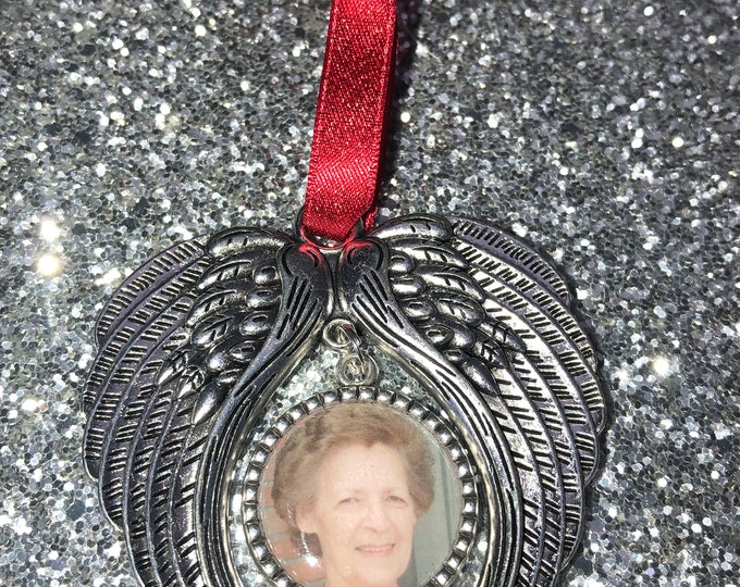 Custom personalised photo bauble memory Memorial Christmas Tree xmas  Ornament bauble decoration. Silver Angel Wings Heaven holidays