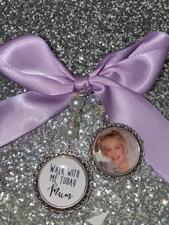 Memory memorial heaven charm bridal bouquet, walk with me today dad mum poem & photo pearl beads something blue.Swarovski.bride.wedding