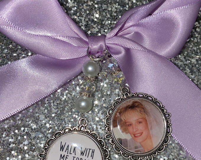 Memory memorial heaven charm bridal bouquet, walk with me today dad mum poem & photo pearl beads something blue.Swarovski.bride.wedding