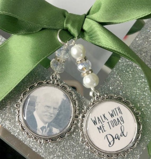 Memory memorial heaven charm bridal bouquet, walk with me today dad mum poem & photo pearl beads something blue. military army.bride.wedding
