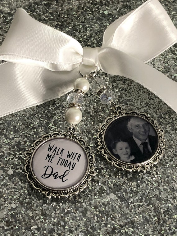 Memory memorial heaven charm bridal bouquet, walk with me today dad mum poem & photo pearl beads something blue. military army.bride.wedding