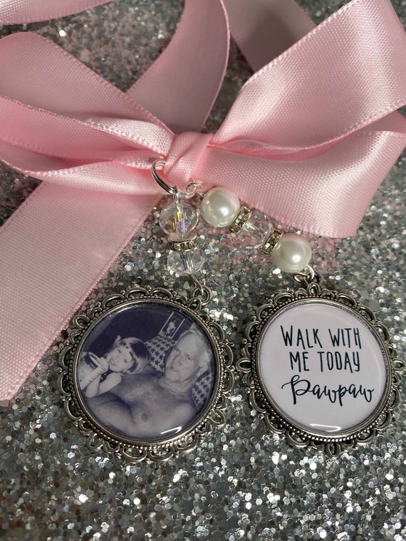 Memory memorial heaven charm bridal bouquet, walk with me today grandad pawpaw papa poem & photo pearl beads something blue.bride.wedding