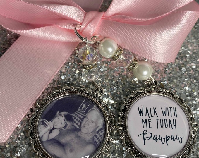 Memory memorial heaven charm bridal bouquet, walk with me today grandad pawpaw papa poem & photo pearl beads something blue.bride.wedding