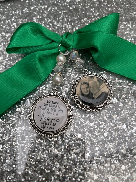 Memory memorial remembrance heaven charm bridal bouquet heaven so far away,poem & photo pearl beads something blue. military army,keepsake